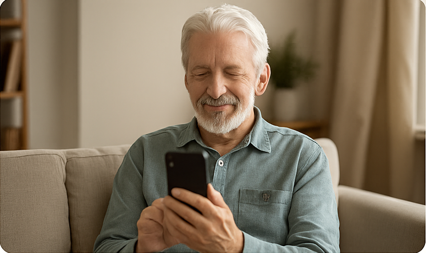 Hombre mayor mirando un mensaje en su móvil con expresión serena y reflexiva